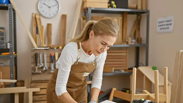 Concentrated Middle Aged Blonde Woman Working Woodworking Workshop — Stock Photo, Image