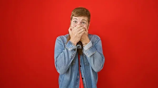 Wow Young Handsome Red Haired Man Standing Amazed Covering Face — Stock Photo, Image