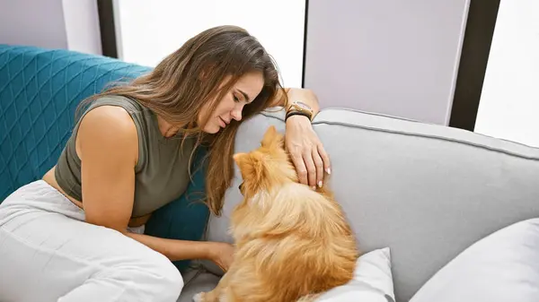 自宅で深刻な表現でソファーに座っている犬を持つ若いヒスパニックの女性 — ストック写真