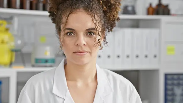 Young Hispanic Woman Curly Hair Laboratory Setting Wearing Lab Coat — Stock Photo, Image