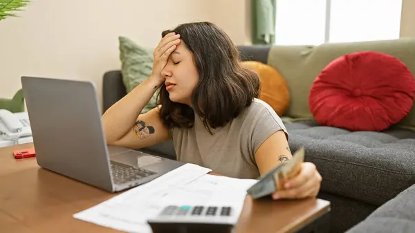 Stressed Young Woman Holding Brazilian Reals Home Overwhelmed Finances Laptop — Stock Photo, Image
