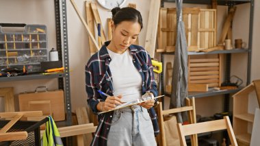 Odaklanmış Çinli bir kadın, yoğun bir marangozluk atölyesinde notlar alır..