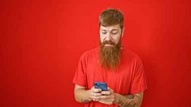 Odaklanmış kızıl saçlı adam akıllı telefona mesaj atıyor, kırmızı arka planda ciddi bir yüz var.
