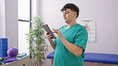 Önlüklü genç bir adam, arka planda rehabilitasyon ekipmanları olan bir klinikte tablet kullanıyor..