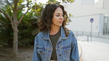 A thoughtful mature hispanic woman with curly hair wearing a denim jacket stands outdoors in an urban park. clipart