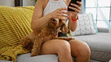 Köpekli beyaz bir kadın akıllı telefon kullanıyor. Evdeki kanepede oturuyor.