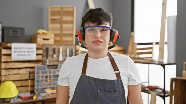 Young Man Wearing Safety Glasses Earmuffs Stands Confidently Well Equipped — Stock Photo, Image