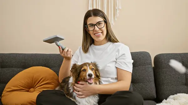 Smiling Hispanic Woman Grooming Her Dog Indoors Brush Sitting Grey — Stock Photo, Image