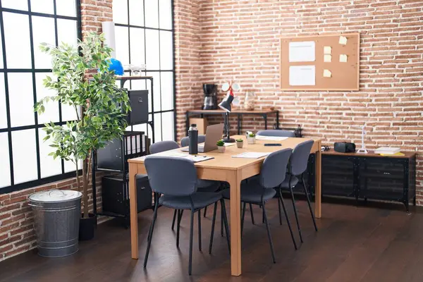 Modern Office Interior Wooden Furniture Exposed Brick Wall Large Windows — Stock Photo, Image