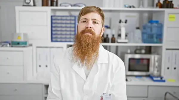 Młody Rudowłosy Człowiek Naukowiec Siedzi Poważną Twarzą Laboratorium — Zdjęcie stockowe