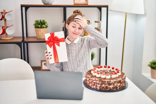 Frustrated Young Blonde Woman Stressed Surprised Celebrates Gift Home Laptop — Stock Photo, Image