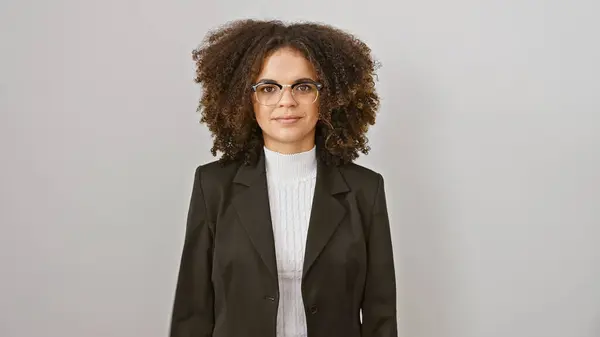 Confident Young Hispanic Businesswoman Curly Hair Wearing Glasses Blazer Poses — Stock Photo, Image