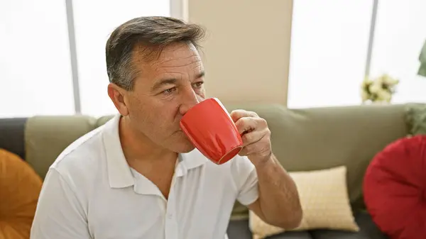 Middle Aged Man Enjoys His Morning Coffee Cozy Living Room — Stock Photo, Image