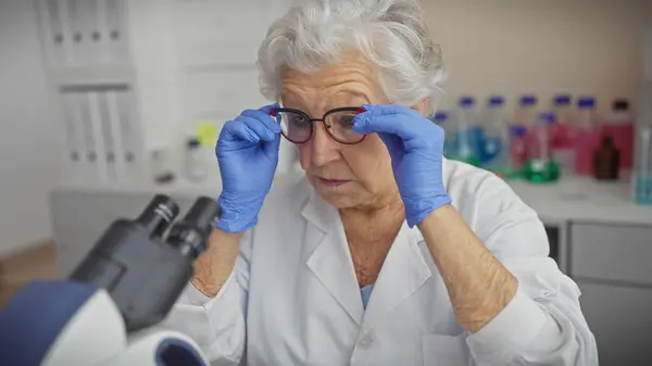 Starsza Kobieta Naukowiec Dostosowuje Okulary Laboratorium — Zdjęcie stockowe