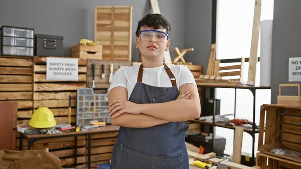 Confident Young Man Safety Goggles Stands Arms Crossed Well Organized — Stock Photo, Image