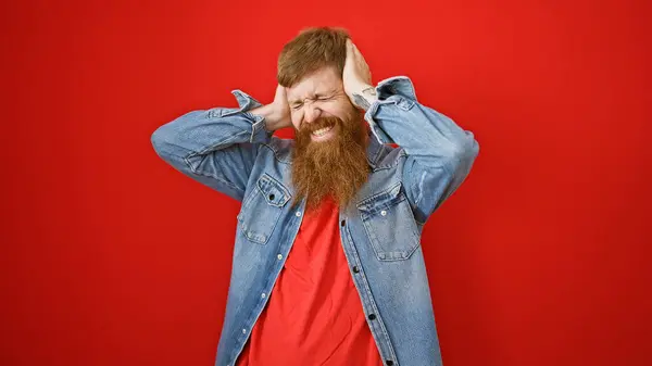 Stressed Young Redhead Man Tiredly Covering Ears Noisy Anxiety Isolated — Stock Photo, Image