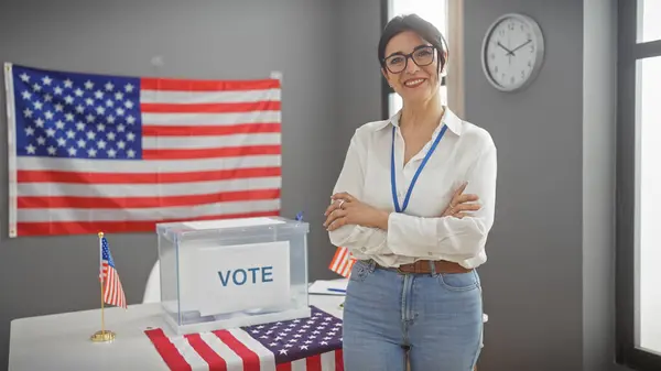 Hispanic Mature Woman Crossed Arms Smiling Confidently United States Voting — Stock Photo, Image