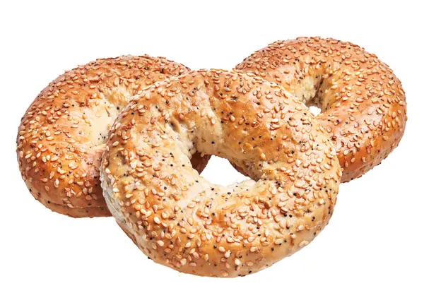 Three Sesame Bagels Golden Crust Isolated White Background Embodying Freshness — Stock Photo, Image