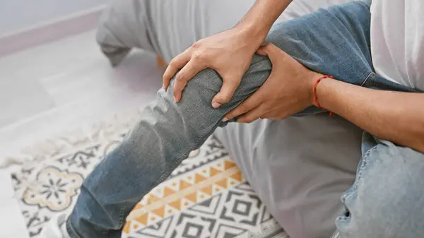 Young Man Holding Knee Pain Sitting Geometric Patterned Rug Home — Stock Photo, Image