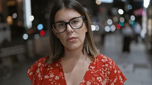 Selbstbewusste Hispanische Frau Mit Brille Bietet Einen Ernsten Blick Steht — Stockfoto