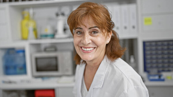 Smiling redhead woman in lab coat standing in a laboratory setting with equipment and shelves.