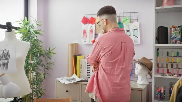 stock image Hispanic man in glasses stands thoughtfully in a tailor shop surrounded by sketches, mannequins, and colorful threads.