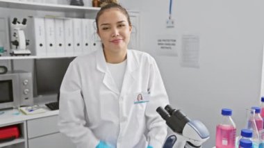 Kendine güvenen, genç İspanyol bilim adamı kadın. Laboratuvarda kollarını kavuşturmuş güzel gülümsüyor, başarı ve pozitiflik saçıyor.!