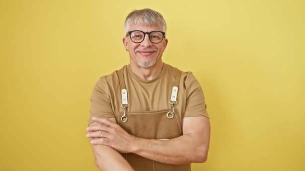 Homem Cabelos Grisalhos Alegre Avental Óculos Sinal Vitória Mão Sorrindo — Vídeo de Stock
