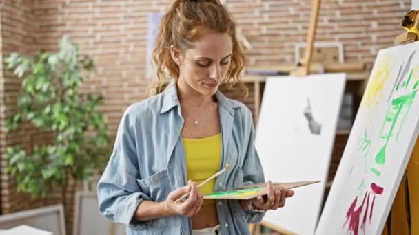 Femme Artiste Confiante Tenant Palette Pinceau Dans Studio Créatif Avec — Video