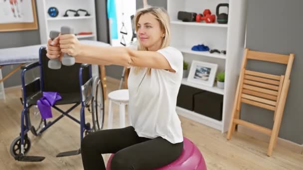 Young Blonde Woman Exercises Dumbbells Balance Ball Rehab Clinic Room — Stock Video