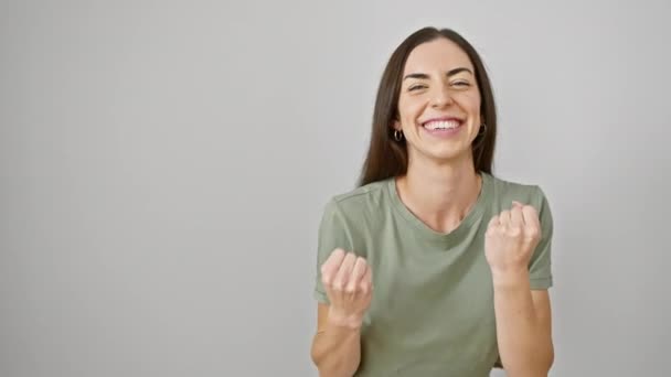 Beautiful Young Hispanic Woman Casual Clothes Arms Raised Joyful Celebration — Stock Video