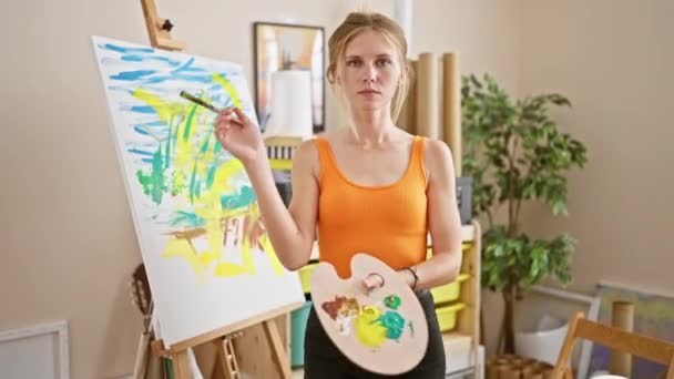 Eine Nachdenkliche Blonde Künstlerin Einem Atelier Mit Pinsel Und Palette — Stockvideo