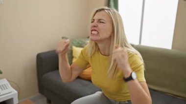 Tişörtlü sarışın bomba evde öfkesini serbest bırakıyor, kızgın, kızgın ve sinirli bir kadın agresif bir öfkeyle bağırıyor, stres ve hüsranla yumruklarını kaldırıyor.