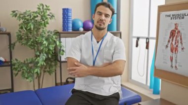 Beyaz önlüklü yakışıklı sakallı adam. Kollarını kavuşturup rehabilitasyon kliniğinde duruyor..