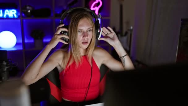 Сосредоточенная Блондинка Играющая Компьютере Комнате Неоновым Освещением — стоковое видео