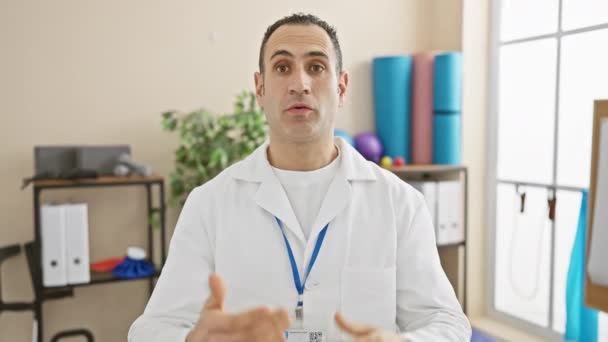 Médico Hispânico Masculino Casaco Branco Com Cordão Interior Clínica Gesticulando — Vídeo de Stock