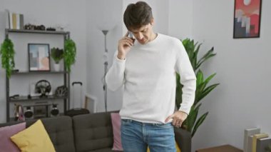 Modern bir oturma odasında telefonla konuşan bir adamın sırtından geçinen bir kadın..