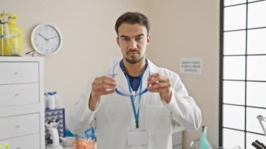 İçerideki bir laboratuarda güvenlik gözlüğü ve laboratuvar önlüğü takan gülümseyen bir İspanyol..
