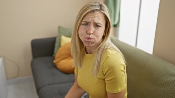 Zabawny Wewnętrzny Portret Młodej Blondynki Domu Puszyste Policzki Śmieszne Twarze — Wideo stockowe