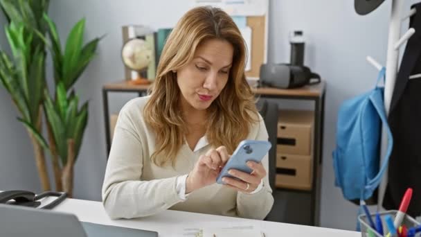 Mulher Hispânica Focada Usando Smartphone Ambiente Escritório Moderno Exalando Profissionalismo — Vídeo de Stock