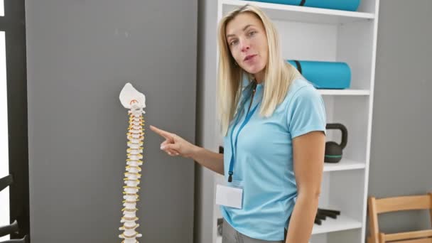 Mujer Rubia Matorrales Examina Modelo Columna Vertebral Interior Clínica Rehabilitación — Vídeo de stock