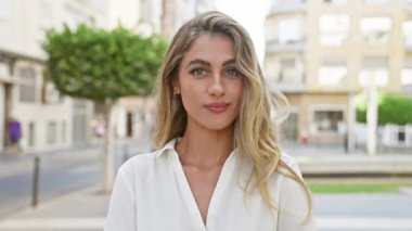 Sarışın genç bir kadın, şehir sokağında duruyor, havalı ama ciddi görünüyor, şehir dışı arka planına karşı inançla hayır diyor.