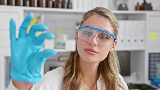 若く真面目なブロンド女性科学者で 安全眼鏡で寄付され 研究室で彼女の研究を行い 医学分野で魅力的な専用のビーコンをサンプルで見ています — ストック動画
