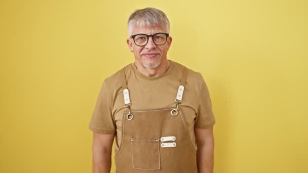 Šedovlasý Muž Středního Věku Oblečený Zástěře Brýlích Vesele Usmívající Jak — Stock video