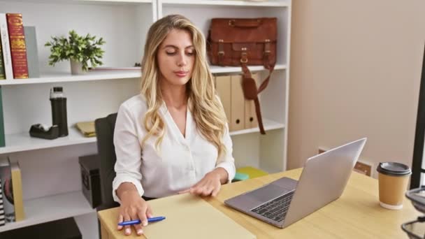 Irodában Egy Fiatal Szőke Női Üzletember Ügyesen Többfeladatú Laptopján Végzett — Stock videók