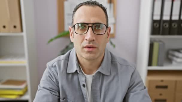 Hombre Hispano Sorprendido Ajustando Sus Gafas Ambiente Oficina — Vídeo de stock