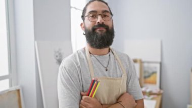 Renkli kalemler tutan gülümseyen sakallı genç adam parlak bir stüdyo ortamında kollarını kavuşturuyor..