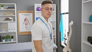 Rozetli genç bir İspanyol, sağlık hizmetleriyle ilgili malzemelerle dolu bir klinikte güvenle duruyor..