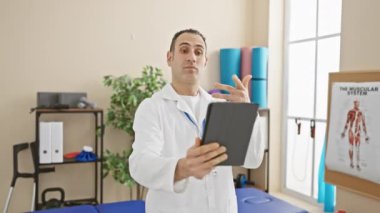 Laboratuvar önlüklü İspanyol adam rehabilitasyon merkezinde fizik tedavi ekipmanları ve anatomi posterleriyle tablet kullanıyor..
