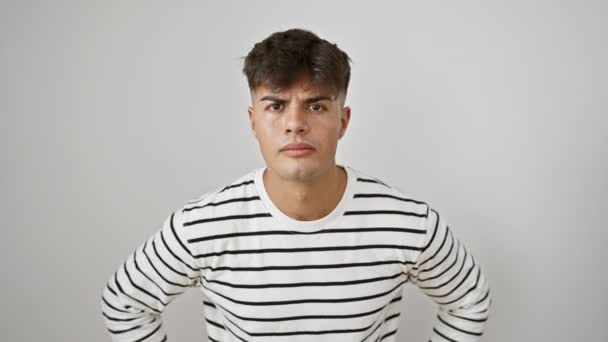 Young Handsome Hispanic Man Striped Shirt Wow Expression Amazement Fear — Stock Video